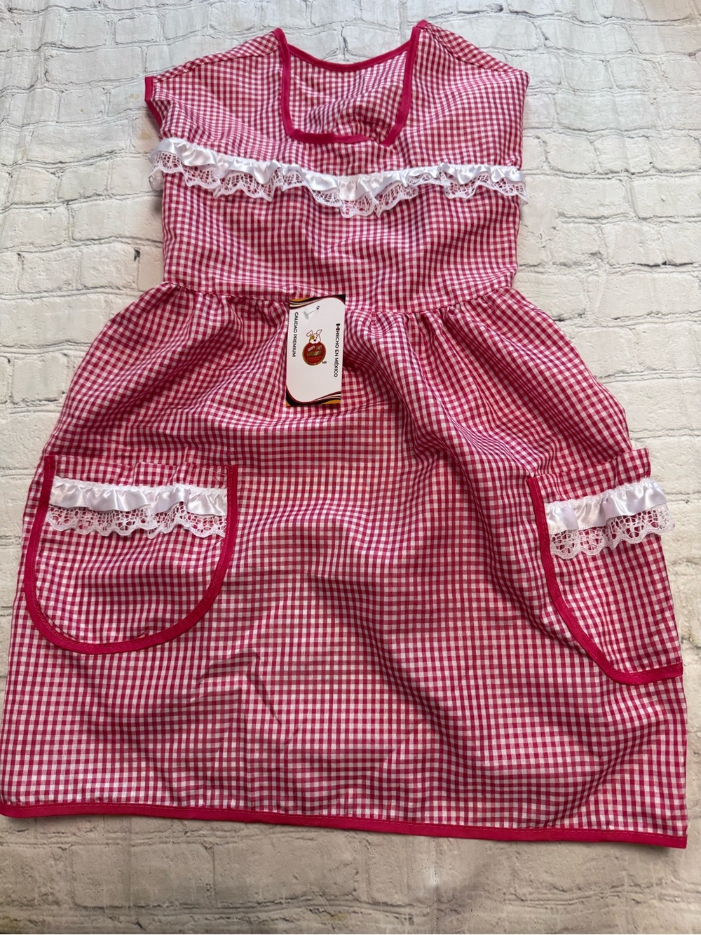 Pet Warrior Dog Custome Red & White Gingham Apron Dress with Lace Trim. Hallowee